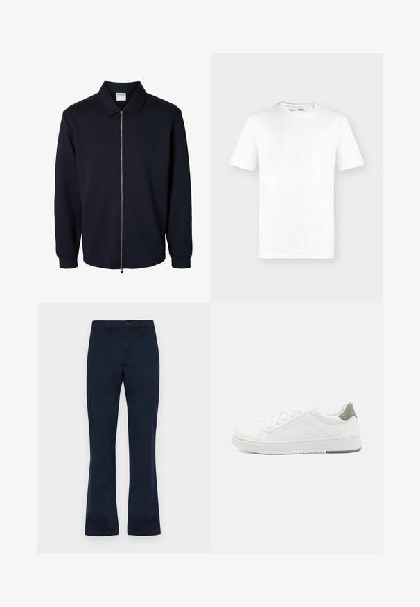 Herren schwarze Jacke mit Reißverschluss, langen Ärmeln, spitzem Kragen und gerippten Bündchen, gezeigt auf weißem Hintergrund.; Schlichtes weißes T-Shirt mit kurzen Ärmeln und rundem Ausschnitt, vorne gezeigt vor hellem grauem Hintergrund ohne sichtbare Logos.; Navyblaue Baumwollhose mit geradem Bein, ausgestattet mit einem Knopfverschluss vorne, Gürtelschlaufen und zwei Seitentaschen. Glatte Textur.; Weißer Sneaker aus glattem Leder, runde Zehenpartie, minimalistisches Design, graue Fersenkante und strukturierte Gummisohle.