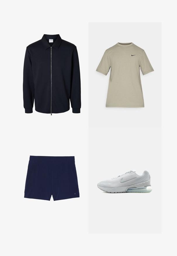 Miesten musta vetoketjullinen takki pitkillä hihoilla, terävällä kauluksella ja resorireunuksilla, valkoisella taustalla.; Vaaleanharmaa, lyhythihainen Nike-T-paita, jossa on pyöreä kaula-aukko ja pieni musta Nike Swoosh -logo vasemmassa rinnassa.; Musta siniset uimaportsit, jotka ovat valmistettu kevyestä kankaasta, jossa on joustava vyötärö ja kaksi sivutaskua säilytystä varten.; Vaaleanharmaa Nike-juoksukenkä verkkopäällisellä, näkyvällä ilmatyynyllä pohjassa ja hopeanvärisellä Nike-logo sivulla.