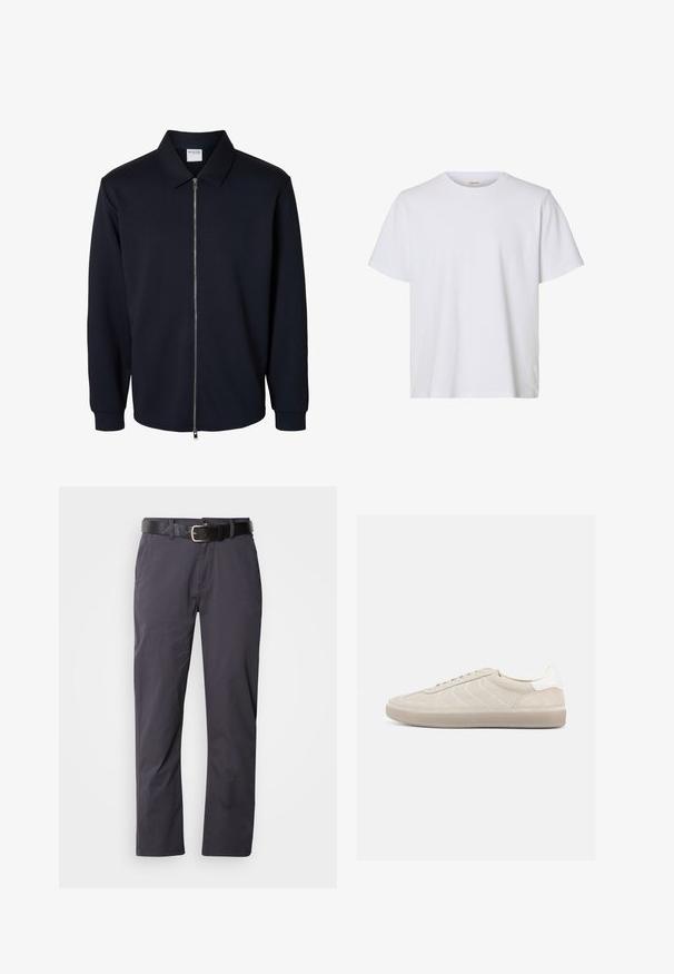 Zwart herenjack met ritssluiting, lange mouwen, puntige kraag en geribde boorden, getoond op een witte achtergrond.; Effen wit T-shirt met korte mouwen en ronde hals, met een regular fit en een gladde stoftextuur, weergegeven op een witte achtergrond.; Zwarte katoenen broek met een rechte snit, voorzien van twee voorke pockets en een riem. De stof heeft een gladde textuur en een matte afwerking.; Beige suède sneaker met een gestructureerd bovenwerk, een gladde witte hielkap, dunne veters en een rubberen buitenzool. Heeft een slank, laag profiel.