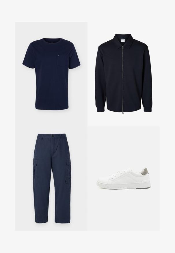 Herren schwarze Jacke mit Reißverschluss, langen Ärmeln, spitzem Kragen und gerippten Bündchen, gezeigt auf weißem Hintergrund.; Marineblaues T-Shirt mit kurzen Ärmeln und Rundhalsausschnitt mit einer Brusttasche, die ein kleines Logo auf einfarbigem Hintergrund zeigt.; Marine Cargo-Hose aus Baumwolle. Verfügt über zwei Seitentaschen, einen Knopfverschluss und einen geraden Schnitt. Sanfte Textur und lässige Passform.; Weißer Sneaker aus glattem Leder, runde Zehenpartie, minimalistisches Design, graue Fersenkante und strukturierte Gummisohle.