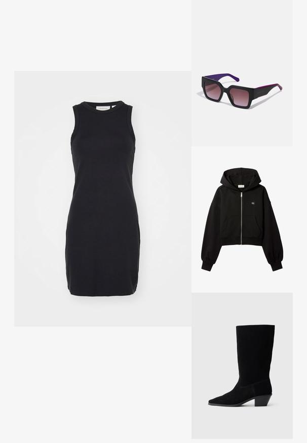 Schwarzer, kurz geschnittener Kapuzenpullover mit Reißverschluss, Fronttaschen, lockerer Passform, elastischen Bündchen und kleinem Calvin Klein-Logo auf der Brust.; Schwarzes ärmelloses Kleid aus glattem, elastischem Stoff. Es verfügt über einen runden Ausschnitt und eine figurbetonte Form, mit einem Saum, der oberhalb des Knies endet.; Schwarze Wildleder Stiefelette mit spitzer Zehe, mittelhohem Schaft und einem chunky Absatz. Verfügt über minimale Nähte und eine glatte Textur.; Schwarze rechteckige Sonnenbrille mit verlaufenden Gläsern, lila Bügeln und eleganten Kanten. Verfügt über eine matte Oberfläche und ein dezentes Logo am Bügel.