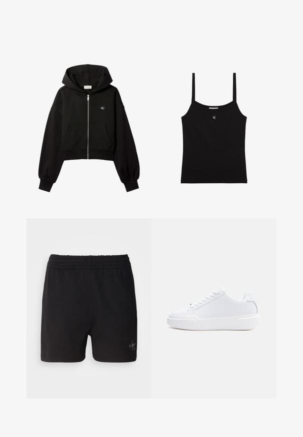 Schwarzer, kurz geschnittener Kapuzenpullover mit Reißverschluss, Fronttaschen, lockerer Passform, elastischen Bündchen und kleinem Calvin Klein-Logo auf der Brust.; Schwarzes kurzes Tanktop mit dünnen Schulterträgern und einem kleinen silbernen CK-Logo, zentriert unterhalb des Halsausschnitts.; Schwarze Baumwollshorts mit einem elastischen Bund und Calvin Klein-Logo in Silber in der unteren rechten Ecke. Glatte Textur.; Weißer Sneaker mit niedrigem Schaft, Schnürverschluss, dicker Sohle und glattem Obermaterial, von der Außenseite vor einem einfarbigen hellen Hintergrund gezeigt.