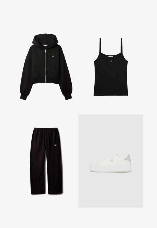 Sudadera negra recortada con cremallera, bolsillos delanteros, ajuste relajado, puños elásticos y pequeño logo de Calvin Klein en el pecho.; Top corto negro con tirantes finos y un pequeño logo plateado de CK centrado debajo del escote.; Pantalones negros de pierna ancha con cintura elástica y bolsillos laterales, con un pequeño parche con el logo de Calvin Klein en el muslo derecho.; Zapatillas de lona blancas con una suela blanca gruesa, presentan un acento metálico plateado en el talón y un sutil detalle del logo en el lateral.
