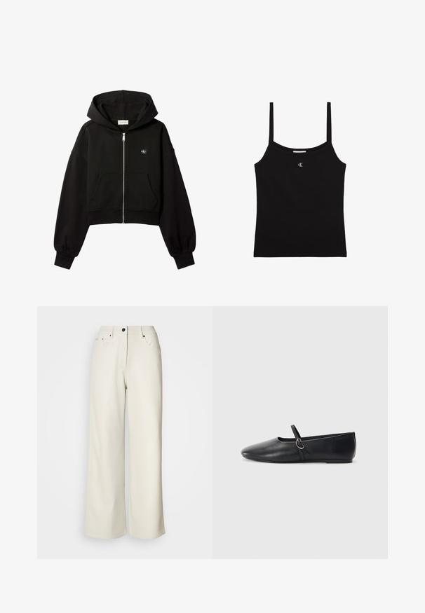 Sweat à capuche court noir zippé, poches avant, coupe décontractée, poignets élastiques et petit logo Calvin Klein sur la poitrine.; Top court noir avec fines bretelles et petit logo CK argenté centré sous l'encolure.; Pantalons larges de couleur crème en tissu lisse. Dotés d'une taille mi-haute, d'une fermeture éclair et de deux poches avant avec des accents en matériel noir.; Ballerines noires en cuir avec un bout pointu, une semelle plate et une petite sangle avec un détail de boucle en argent.
