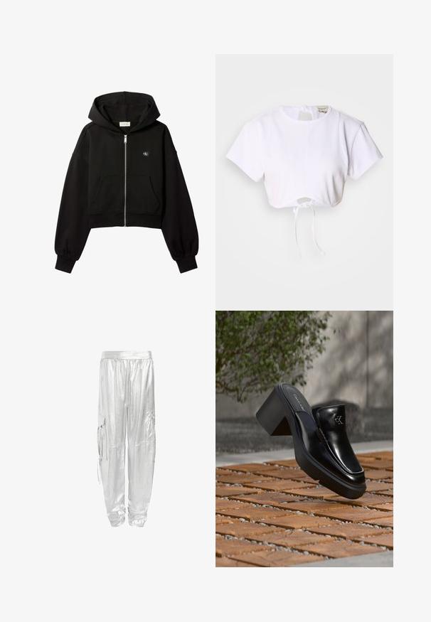 Sweat à capuche court noir zippé, poches avant, coupe décontractée, poignets élastiques et petit logo Calvin Klein sur la poitrine.; T-shirt blanc court en tissu lisse. Présente un col rond, des manches courtes et un cordon de serrage en bas pour des ajustements.; Pantalons cargo argentés avec une finition métallique brillante. Conçus avec une taille élastique et deux poches latérales pour plus de fonctionnalité.; Mule slip-on en cuir noir Calvin Klein avec talon bloc reposant sur des carreaux en bois à l'extérieur près d'une plante verte et d'un mur gris.
