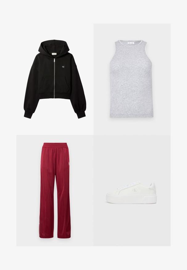 Must cropped lukuga dressipluus esi taskute, lõdva lõikega, elastsete mansettidega ja väikese Calvin Kleini logoga rinnal.; Hallita shirt, millel on hall värv ja mis on valmistatud tekstuuritud kudumiskangast. Seda iseloomustab ümmargune kaelus, mille ümber on kontrastne viimistlus.; Punased spordipüksid, mis on valmistatud siledast kangast ja millel on elastne vöökoht. Omaduseks on külje triibud ja väike logo detail vasakul jalal.; Valged platvormiketid sileda nahkjalaga, ümmargune varvas, valged paelad ja peen logo detail küljel. Lame kummist tald.