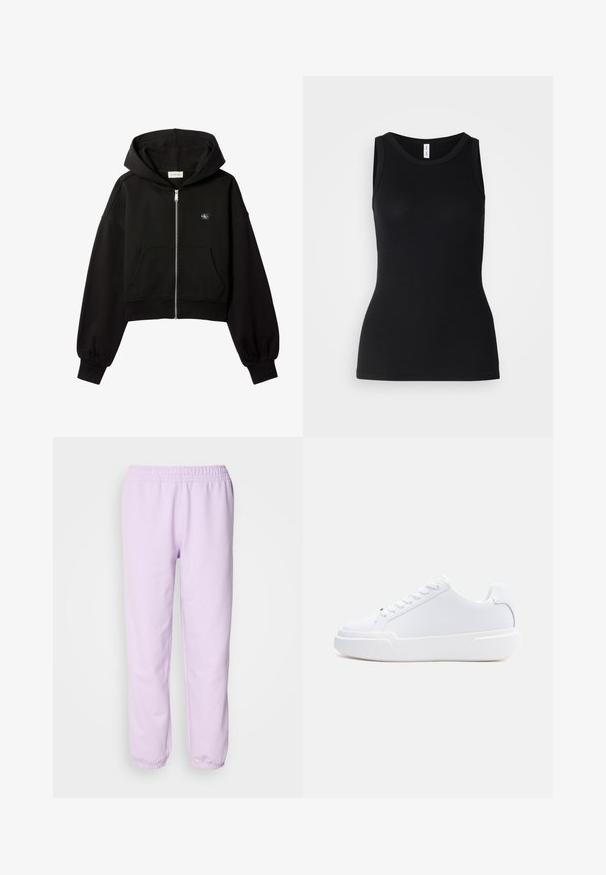 Musta cropped-tyylinen vetoketjullinen huppari, jossa etutaskut, rento istuvuus, joustavat hihansuut ja pieni Calvin Klein -logo rinnassa.; Musta hihaton toppi, joka on valmistettu ribbikankaasta, pyöreä kaula-aukko ja istuva muotoilu, sileä pinta ilman kuviota.; Hellelilla joggebukser laget av myk stoff, med elastisk midjebånd og elastiske mansjetter ved anklene. Enkelt design, uten mønstre.; Valkoinen matala tennarikenkiä, jossa nyöritettävä nauhallinen sulkeminen, paksu pohja ja sileä päällinen, kuvattuna ulkosivulta yksinkertaista vaaleaa taustaa vasten.