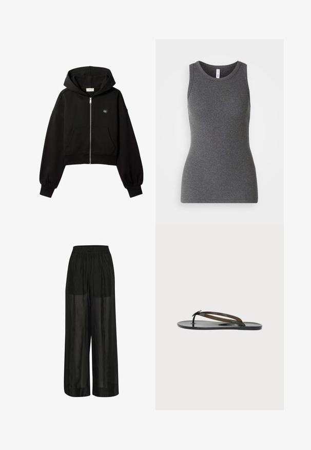 Čierna skrátená kapucňa s predným zipsom, predné vrecká, voľný strih, elastické manžety a malé logo Calvin Klein na prsiach.; Sivý bezrukávový tričko z rebrovanej látky; má okrúhly výstrih a priliehavý strih. Žiadne vzory ani ďalšie akcenty.; Čierne široké nohavice vyrobené z priesvitného materiálu, s elastickým pásom a šnúrkou pre nastaviteľný strih a hladkú textúru.; Čierna lesklá plochá flip-flop sandaleta s tenkými remienkami krížiacimi sa cez nohu a popruhom medzi prstami na jednoduchom svetlom pozadí.