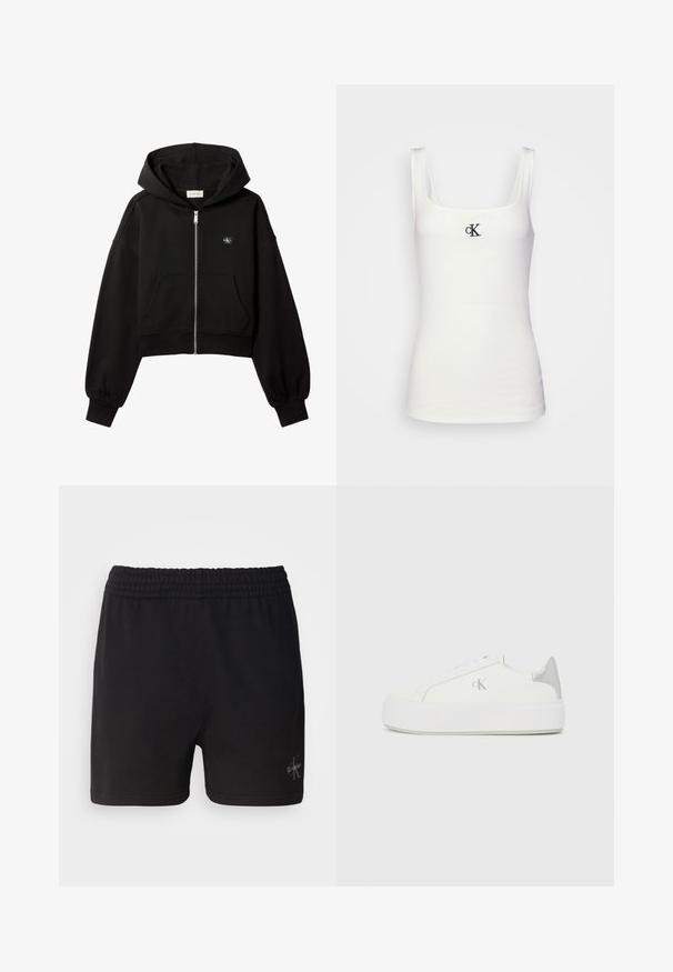 Must cropped lukuga dressipluus esi taskute, lõdva lõikega, elastsete mansettidega ja väikese Calvin Kleini logoga rinnal.; Valge puuvillane top, millel on ruudukujuline kaelus ja kitsad õlapaelad. Esipaneelil on väike must bordüüritud CK logo.; Mustast puuvillast lühikesed püksid elastse vöökohtaga ja Calvin Kleini hõbedase logoga alumises paremas nurgas. Sile tekstuur.; Valged kangast tennisekingad paksu valge tallaga, millel on metallist hõbedane aksent kandadel ja tagasihoidlik logodetail küljel.