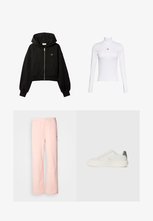 Must cropped lukuga dressipluus esi taskute, lõdva lõikega, elastsete mansettidega ja väikese Calvin Kleini logoga rinnal.; Valge pika varrukaga kõrge kaelusega särk koos väikese Calvin Klein logoga rinnal tavalise valge tausta peal.; Roosa puuvillane dressipüksid laia sääre disainiga, elastse vöökoht ja minimaalsedõmblused. Küljel on väike logo silt.; Valged nahast tenniseketsad sujuva tekstuuriga, hõbedase aktsendiga kandadel, lame tallaga ja minimalistliku disainiga.
