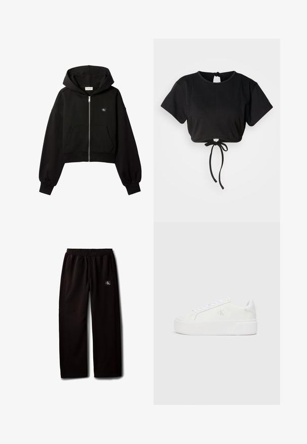 Sudadera negra recortada con cremallera, bolsillos delanteros, ajuste relajado, puños elásticos y pequeño logo de Calvin Klein en el pecho.; Camiseta corta negra hecha de tejido suave, con mangas cortas, escote redondo y un detalle de lazo en la parte posterior para ajuste.; Pantalones negros de pierna ancha con cintura elástica y bolsillos laterales, con un pequeño parche con el logo de Calvin Klein en el muslo derecho.; Zapatillas de plataforma blancas con parte superior de cuero suave, punta redondeada, cordones blancos y un sutil detalle de logotipo en el lateral. Suela de goma plana.
