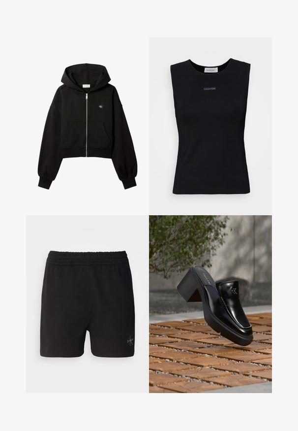 Schwarzer, kurz geschnittener Kapuzenpullover mit Reißverschluss, Fronttaschen, lockerer Passform, elastischen Bündchen und kleinem Calvin Klein-Logo auf der Brust.; Schwarzes ärmelloses Top aus glattem Stoff. Merkmale einen runden Ausschnitt und ein kleines Calvin Klein Logo in der Mitte. Einfaches und figurnahes Design.; Schwarze Baumwollshorts mit einem elastischen Bund und Calvin Klein-Logo in Silber in der unteren rechten Ecke. Glatte Textur.; Schwarze Leder-Slip-on-Mule von Calvin Klein mit Blockabsatz, die auf Holzfliesen im Freien nahe einer grünen Pflanze und einer grauen Wand ruht.