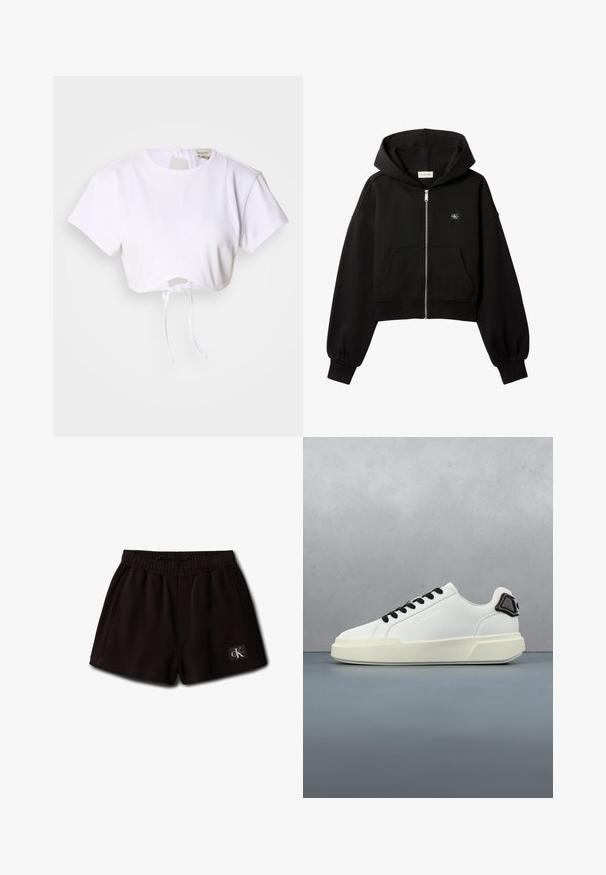 Čierna skrátená kapucňa s predným zipsom, predné vrecká, voľný strih, elastické manžety a malé logo Calvin Klein na prsiach.; Biele skrátené tričko vyrobené z hladkej tkaniny. Má okrúhly výstrih, krátke rukávy a na spodnej strane je šnúrka na úpravu.; Čierne elastické šortky s bočnými vreckami a malou nášivkou s logom Calvin Klein na prednej spodnej ľavej strane.; Biela teniska s čiernymi šnúrkami a detailom na päte vznášajúca sa nad drevenou plochou vonku pri zelenej vegetácii a betónovej stene.