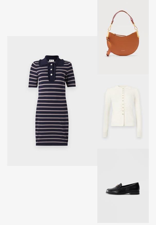 Gebreid vest in crèmekleur met een kraag, knoopsluiting en geplooide details bij de taille. Lange mouwen en zachte textuur.; Navy blauwe jurk met horizontale witte en roze strepen, korte mouwen, een gerimpelde kraag en een drieknoopssluiting.; Zwarte leren instapper met lage hak en gouden decoratief embleem op de band, gepresenteerd tegen een effen lichtgrijze achtergrond.; Kleine, halvemaanvormige bruine leren handtas met gouden hardware, korte handgreep, afneembare riem en ritssluiting.