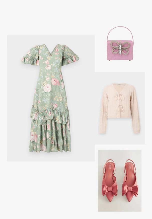 Cardigan court rose clair en tissu tricoté texturé, avec un décolleté en V et une fermeture à nouer à l'avant. Accentuée par des motifs en relief verticaux.; Robe maxi florale en vert doux avec un décolleté en V, des manches bouffantes, des accents en volants et un ourlet à plusieurs niveaux. Présente des roses roses et de petites fleurs bleues.; Chaussures à talons rose satinées avec un bout pointu et un grand nœud sur le devant. Texture lisse et design à talon ouvert.; Sac à main en paillettes roses avec un design de papillon en strass, présentant une forme structurée et une seule poignée supérieure.