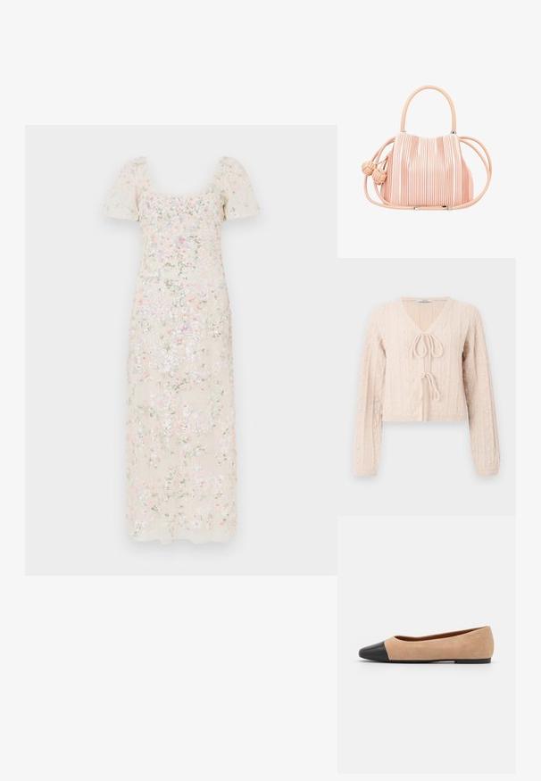 Lys lyserød cropped cardigan lavet af tekstureret strikket stof, med en V-udskæring og en bundet frontlukning. Fremhævet med lodrette ribbede mønstre.; Blomstret midi-kjole i lys beige med korte pufærmer. Har broderede blomster i pink, blå og grøn med en glat tekstur.; Beige ruskind balletflade med en sort læder rund tåkap, lav hæl og glat tekstur, der har minimal syning og et enkelt design.; Plisseret pink taske med en glat tekstur, to runde håndtag og knyttede siddekanter. Har metallisk hardware i bunden.