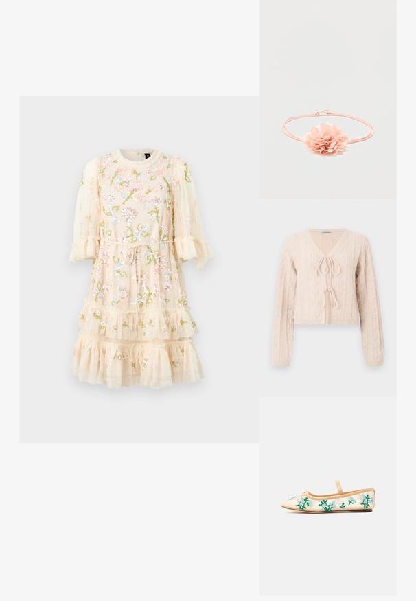 Cardigan court rose clair en tissu tricoté texturé, avec un décolleté en V et une fermeture à nouer à l'avant. Accentuée par des motifs en relief verticaux.; Robe brodée en tissu léger beige doux avec des motifs floraux, volants superposés et manches bouffantes. Liens à nouer à la taille pour un ajustement parfait.; Ballerine beige à bout pointu, avec une bride unique et une broderie florale verte et bleu clair sur les côtés en tulle transparent.; Bandeau élastique rose avec une fleur en tissu doux aux pétales superposés au centre sur fond blanc.