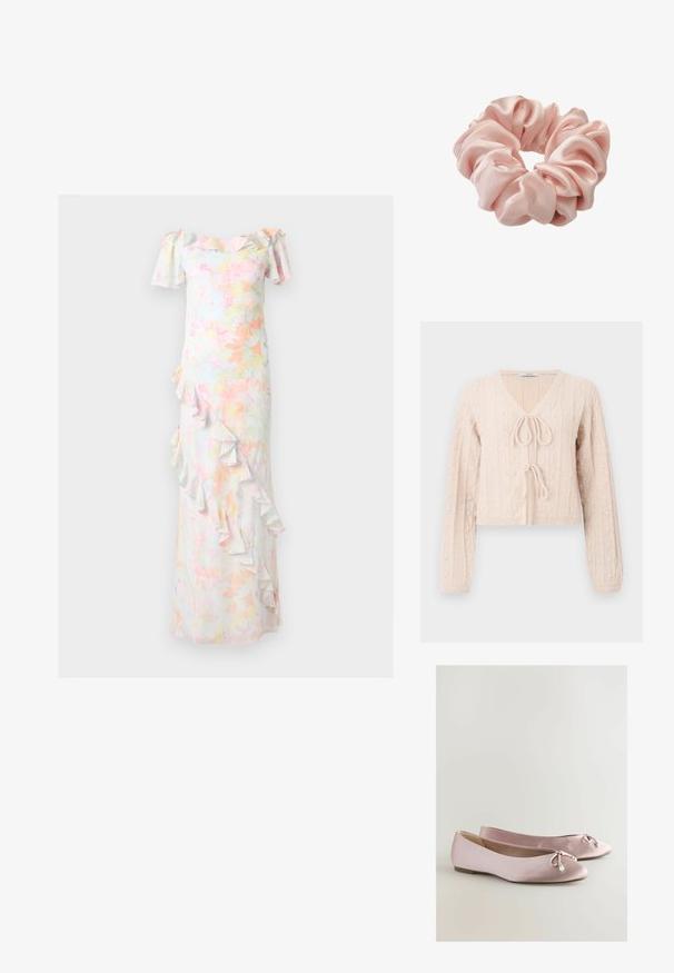 Lys lyserød cropped cardigan lavet af tekstureret strikket stof, med en V-udskæring og en bundet frontlukning. Fremhævet med lodrette ribbede mønstre.; Off-shoulder, gulvlængde blomsterkjole med mønstre i pastelrosa, gul og grøn, med flæser langs halsudskæringen og skråt foran.; Lyserøde satin balletflade sko med en rund tå, dekorativ sløjfe og perleaccent. Flad sål med en glat overflade og lav profil.; Lyserød satin scrunchie med samlet stof og en blød, skinnende tekstur til at binde hår.
