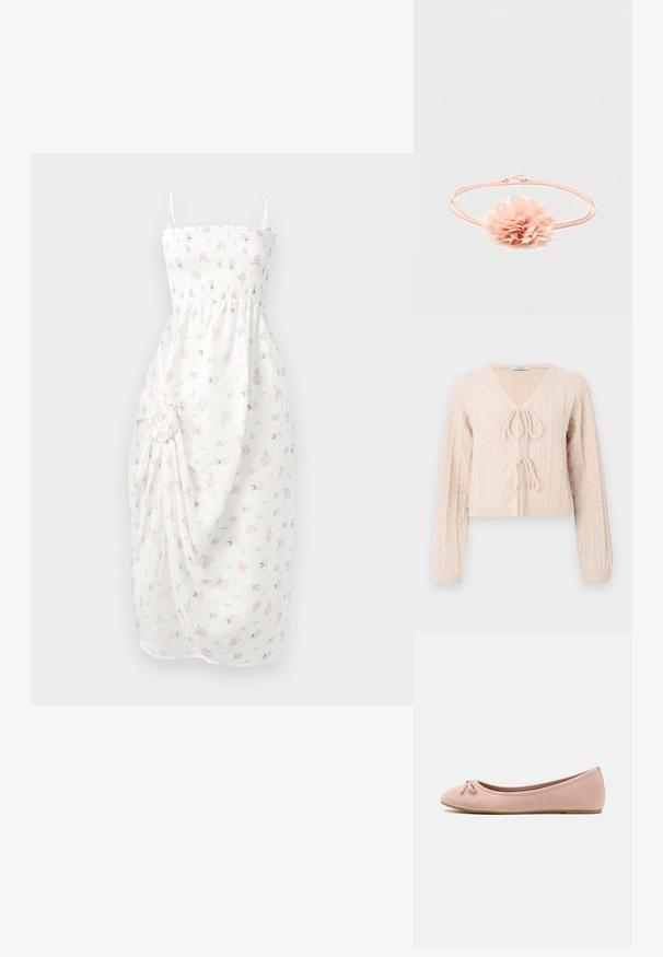 Lys lyserød cropped cardigan lavet af tekstureret strikket stof, med en V-udskæring og en bundet frontlukning. Fremhævet med lodrette ribbede mønstre.; Hvid kjole med smocket forstykket, tynde stropper og blomsterprint i pink. Har samlet stof med en sideknude og slids.; Ballet flats lavet af blødt lyserødt ruskind med en rund tå og en lille sløjfedetail foran, samt en lav flad sål.; Lyserødt elastisk hårbånd med en blød stofblomst med lagdelte kronblade i midten på en hvid baggrund.