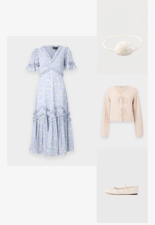 Lys lyserød cropped cardigan lavet af tekstureret strikket stof, med en V-udskæring og en bundet frontlukning. Fremhævet med lodrette ribbede mønstre.; Lyseblå blomsterkjole med korte flæseærmer, V-udskæring og flæsede detaljer langs sømmer og kant. Mellemlang med en svajende nederdel.; Ballerinasko med lys beige ruskindsoverdel, spids tå og en tynd elastikrem over vristen. Flad sål med minimal gummidetalje.; Hvid elastisk pandebånd med en blød stofblomst dekoration centreret på en ensfarvet lys baggrund.