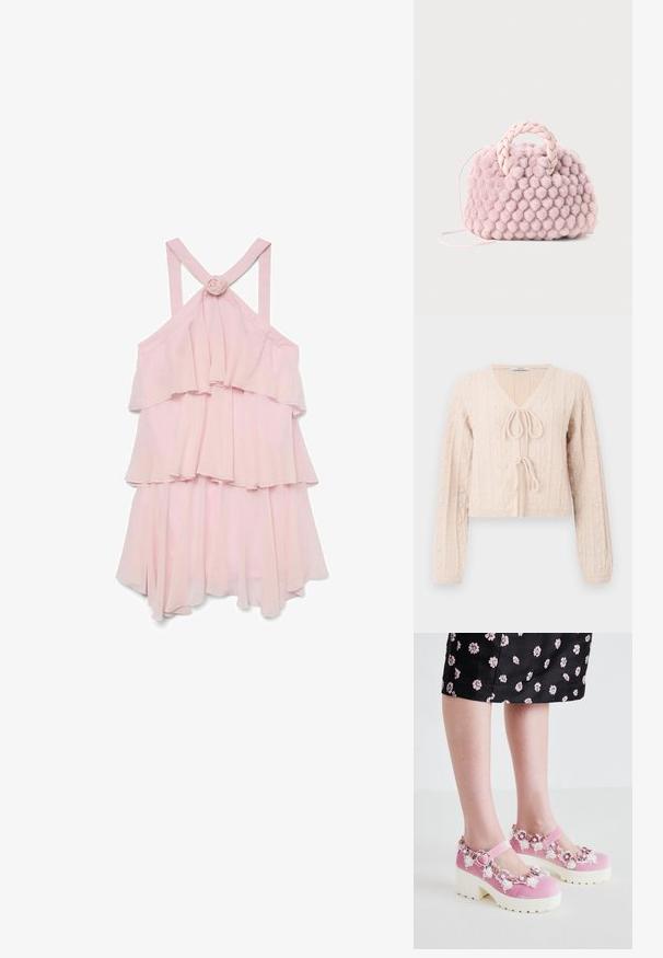Lys lyserød cropped cardigan lavet af tekstureret strikket stof, med en V-udskæring og en bundet frontlukning. Fremhævet med lodrette ribbede mønstre.; Lys rosa ærmeløs kjole med lagdelte flæser, prydet med en roseaccent bagpå og krydsede stropper, lavet af letvægtsstof.; Lyserøde fløjl Mary Jane-sko med hvide platformssåler, pyntet med blomsterapplikationer og blonder omkring åbningen og ankelremmen.; Lyserød pom-pom tekstureret håndtaske med et flet håndtag og en tynd rem. Rund form, blød overflade, kompakt design.