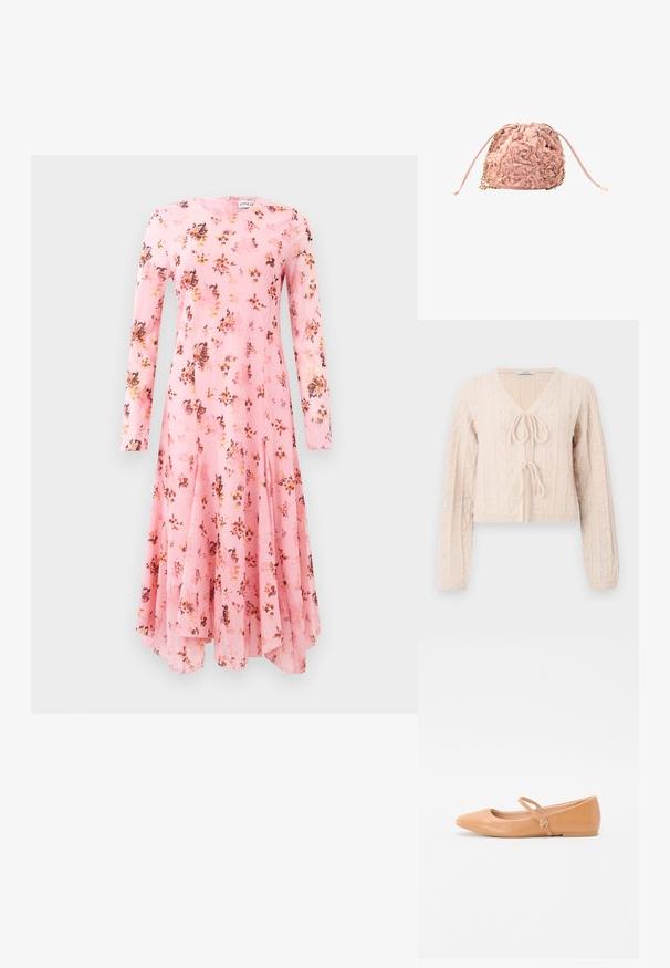 Helle rosa, kurz geschnittene Strickjacke aus strukturiertem Material, mit V-Ausschnitt und gebundenem Vorderverschluss. Akzentuiert durch vertikale Rippstrukturen.; Langärmliges pinkes Kleid mit Blumenmuster, Rundhalsausschnitt und ausgestelltem Saum. Leichter Stoff mit glatter Textur.; Nude Leder Ballerinas mit spitzem Zehenbereich, Außenschnalle und rundem Hardware-Detail. Glatte Textur und minimalistisches Design.; Pinkfarbene Beuteltasche mit strukturierten Blumenapplikationen und goldenen Kettenakzenten vor weißem Hintergrund.