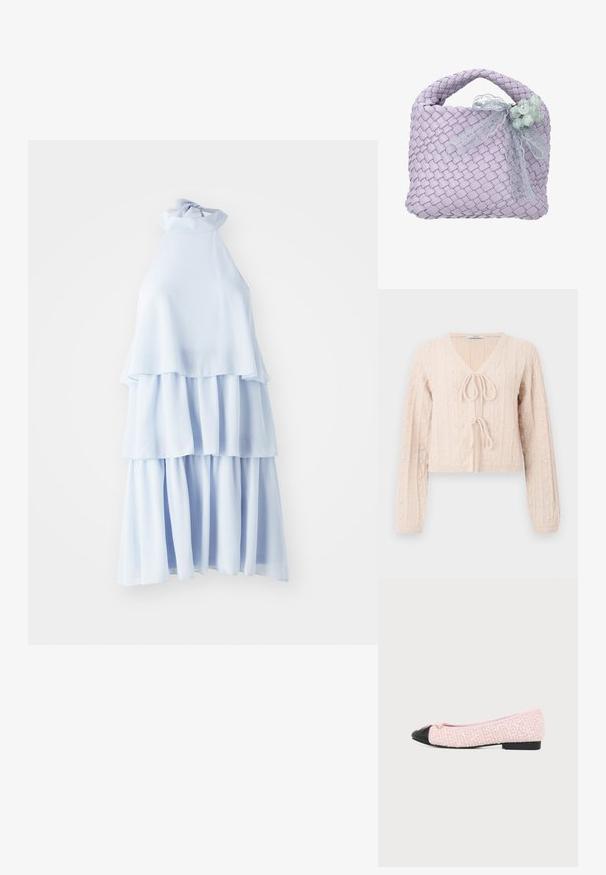 Lichtroze cropped cardigan van structuurgebreid materiaal, met een V-hals en een striksluiting aan de voorkant. Versterkt met verticale ribbelpatronen.; Lichtblauwe halterjurk van zachte stof, met drie gelaagde tiered en een vloeiende silhouet en een gestrikt nektekening.; Lichtroze getextureerde ballerinas met een zwarte afgeronde neus en een kleine strik op een witte achtergrond.; Lavendelkleurige geweven handtas met gevlochten handvat, versierd met een doorschijnend kanten lint en een cluster van lichtgroene kralen.