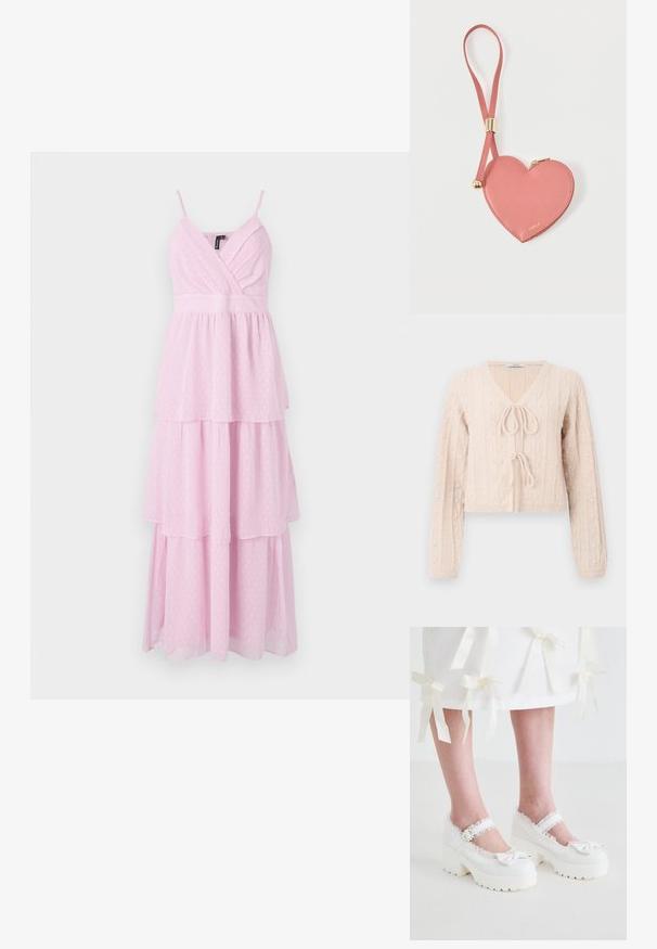 Lys lyserød cropped cardigan lavet af tekstureret strikket stof, med en V-udskæring og en bundet frontlukning. Fremhævet med lodrette ribbede mønstre.; Lyserød, lagdelt maxikjole med spaghetti-stropper, der har en indpakket bodice og prikmønster i et let, tekstureret stof.; Koi Footwear TIRA RUFFLE MARY JANES PORCELAIN DELIGHTS EDITION - Plateaupumps - white; Lyserød hjerteformet lædermøntpose med håndledsrem og guldlås, mærket med lille gyldent "Furla"-tekst.