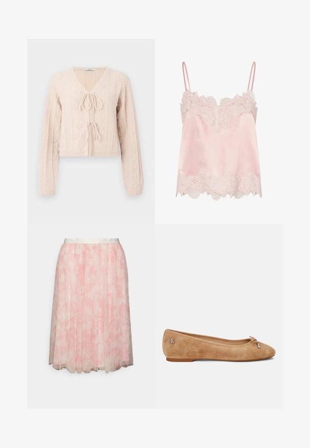 Cardigan court rose clair en tissu tricoté texturé, avec un décolleté en V et une fermeture à nouer à l'avant. Accentuée par des motifs en relief verticaux.; Caraco en satin rose clair avec bordure en dentelle blanche le long de l'encolure et de l'ourlet, avec fines bretelles réglables.; Needle & Thread EXCLUSIVE FLEUR SKIRT - Jupe trapèze - moonshine pink; Ballet en daim beige avec un léger bout pointu, un accent en nœud sur le devant et un petit logo métallique sur le talon. Semelle plate.