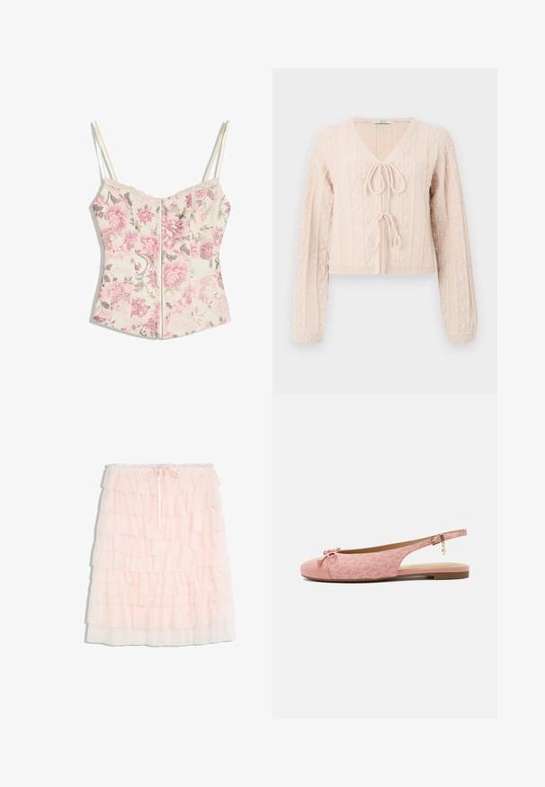 Cardigan court rose clair en tissu tricoté texturé, avec un décolleté en V et une fermeture à nouer à l'avant. Accentuée par des motifs en relief verticaux.; Haut style corset floral avec des fleurs roses et des feuilles vertes sur fond crème, fines bretelles crème et bordure en dentelle le long du décolleté.; Jupe en tulle rose clair à étages avec plusieurs couches à volants et un petit nœud devant à la taille élastique.; Chaussure slingback plate rose avec tissu texturé, nœud sur l’orteil arrondi, bride de cheville avec boucle dorée et breloque, et semelle basse marron.