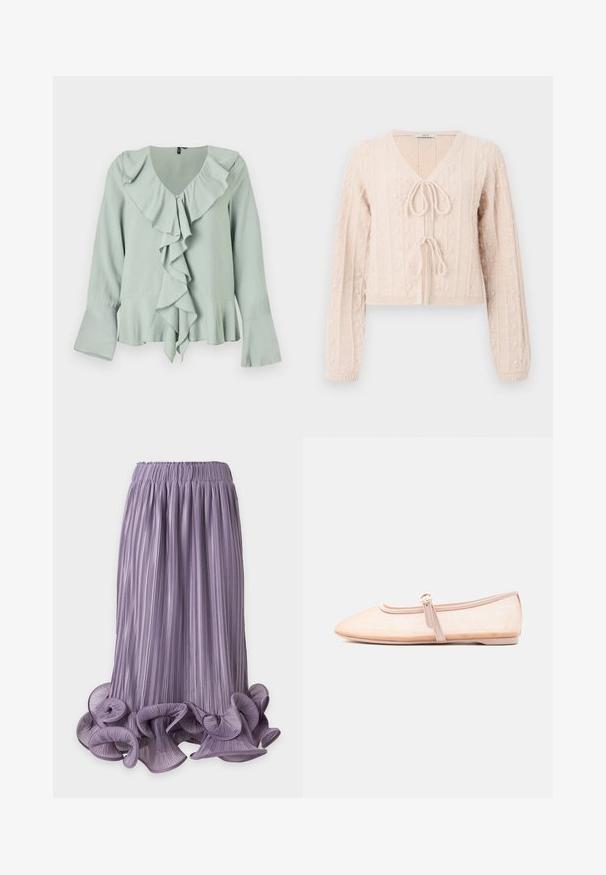 Cardigan court rose clair en tissu tricoté texturé, avec un décolleté en V et une fermeture à nouer à l'avant. Accentuée par des motifs en relief verticaux.; Blouse vert clair avec un décolleté en V, détail froncé à l'avant, manches longues avec des volants aux poignets, et une silhouette fluide.; Jupe midi plissée lavande avec ourlet volanté et bouclé et taille élastique sur fond uni.; Chaussure plate beige clair avec un bout pointu et une bride latérale avec boucle, présentée sur un fond blanc uni.