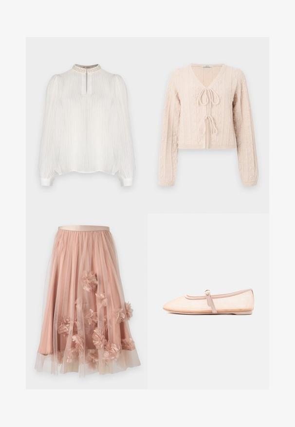 Lys lyserød cropped cardigan lavet af tekstureret strikket stof, med en V-udskæring og en bundet frontlukning. Fremhævet med lodrette ribbede mønstre.; Hvid bluse med lodrette striber, høj halsudskæring prydet med strukturerede detaljer og lange puffede ærmer, der ender i tætsiddende manchetter.; Tylskørt i blød lyserød med satinbånd i taljen. Har lag af gennemsigtigt stof og tredimensionelle blomsterapplikationer over det hele.; Lys beige flad sko med spidst tåparti og en enkelt rem med spænde på siden, vist på en ensfarvet hvid baggrund.