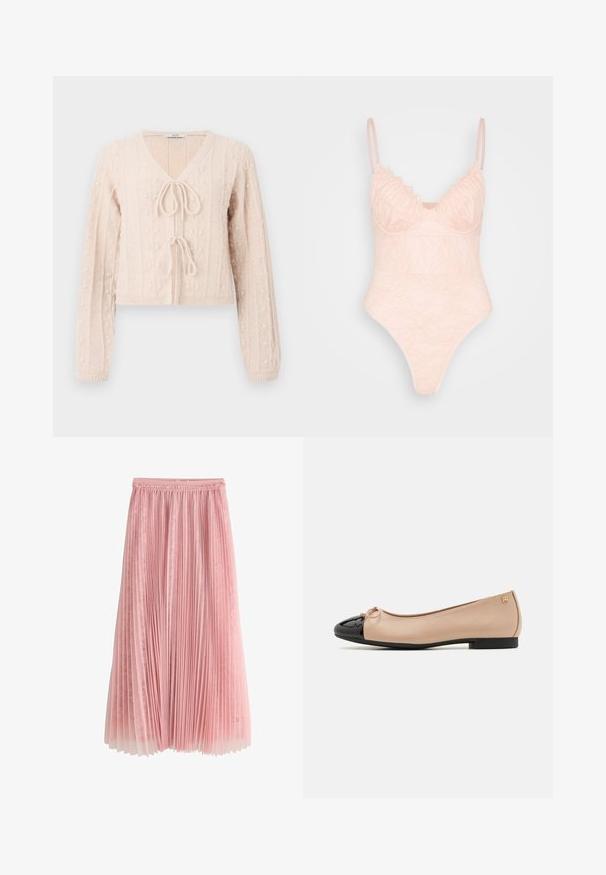 Lichtroze cropped cardigan van structuurgebreid materiaal, met een V-hals en een striksluiting aan de voorkant. Versterkt met verticale ribbelpatronen.; IN THE STYLE LINGERIE BODYSUIT - Top - rosé; Roze geplooide midi-rok met een kanten onderlaag en een geplooide tailleband, getoond op een witte achtergrond.; Ballet flats met een beige satijnen bovenkant, zwarte lakleren neuskap, kleine strikdetail aan de voorkant en een lage zwarte hak.