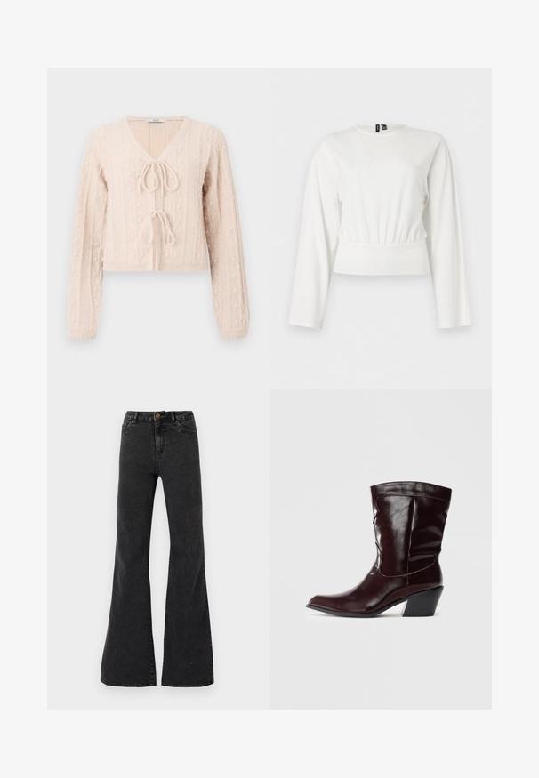 Lys lyserød cropped cardigan lavet af tekstureret strikket stof, med en V-udskæring og en bundet frontlukning. Fremhævet med lodrette ribbede mønstre.; Hvid langærmet cropped bluse med rund halsudskæring og rynket elastisk talje, vist på ensfarvet baggrund.; Sorte flare jeans lavet af denim, med høj talje, forlommer og synlige sømme. Glat tekstur med en let glans.; Bordeaux læder ankelstøvler med spids tå, tekstureret overflade og en lav, taperet hæl. Har diskrete søm og en tætsiddende pasform.