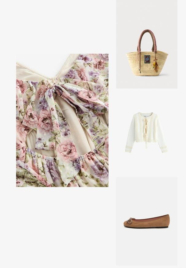 Roomkleurig gebreid vest met lange mouwen, getextureerde verticale strepen, gegolfde randen en drie strikjes aan de voorkant, op een witte achtergrond.; Next REGULAR FIT LONG SLEEVE FLORAL - Maxi-jurk - pink purple vintage floral; Bruine suède ballerina's met een ronde neus, voorzien van een decoratieve touwknopen aan de voorkant en een vlakke zool.; Gevlochten stro tote tas met gevlochten roze en bruine handvatten, een decoratieve patch en een kralen sleutelhangertje in de vorm van een aap aan de voorkant.