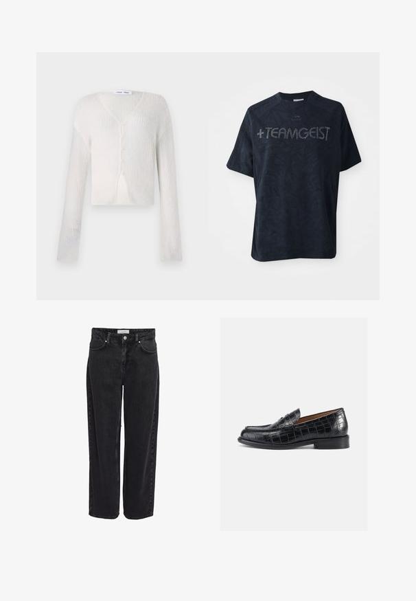 Letvægts cardigan i cremefarve med ribstrik. Har V-hals, lange ærmer og fem knapper ned foran.; Sort kortærmet t-shirt lavet af blødt stof, med et tekstureret mønster og udsmykket med rhinsten, der staver "+TEAMGEIST."; Sort denim bukser med vide ben og høj talje, fem-lomme design og lynlåsgylp. Glat tekstur med minimale synlige syningsdetaljer.; Sorte loafers i krokodillepræget læder med rundet tå, slip-on-design og en lav, robust hæl. Glat tekstur og diskret glans.