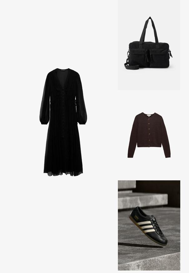 Cardigan à manches longues marron foncé avec col rond et six boutons marron sur le devant, en tissu tricoté.; Robe maxi noire en tissu transparent, avec des manches longues, un décolleté en V profond, une fermeture à boutons sur le devant et des détails froncés à la taille.; Baskets en cuir noir avec motif à trois bandes blanches, accents texturés, lacets noirs et semelle en gomme. Logo de la marque visible sur la languette.; Sac en velours côtelé noir avec deux poignées supérieures, une bandoulière amovible, deux poches avant avec des zips à glands, et une texture côtelée.