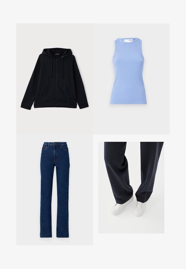 Schwarze Zip-Hoodie aus weichem Stoff. Mit gefütterter Kapuze, Fronttaschen und einer lockeren Passform mit gerippten Bündchen und Saum.; Himmelblaues, geripptes Tanktop mit rundem Ausschnitt und ohne Ärmel. Es hat eine figurbetonte Silhouette und eine glatte Textur.; Hoch geschnittene dunkelblaue Jeans aus Denim mit geradem Bein, fünf Taschen und kontrastierender Naht entlang der Nähte.; Weiße Sneakers mit strukturierten Gummisohlen und flachen Schnürsenkeln, kombiniert mit dunkeln, marineblauen Hosen aus lockerem, glattem Stoff und maßgeschneiderter Passform.