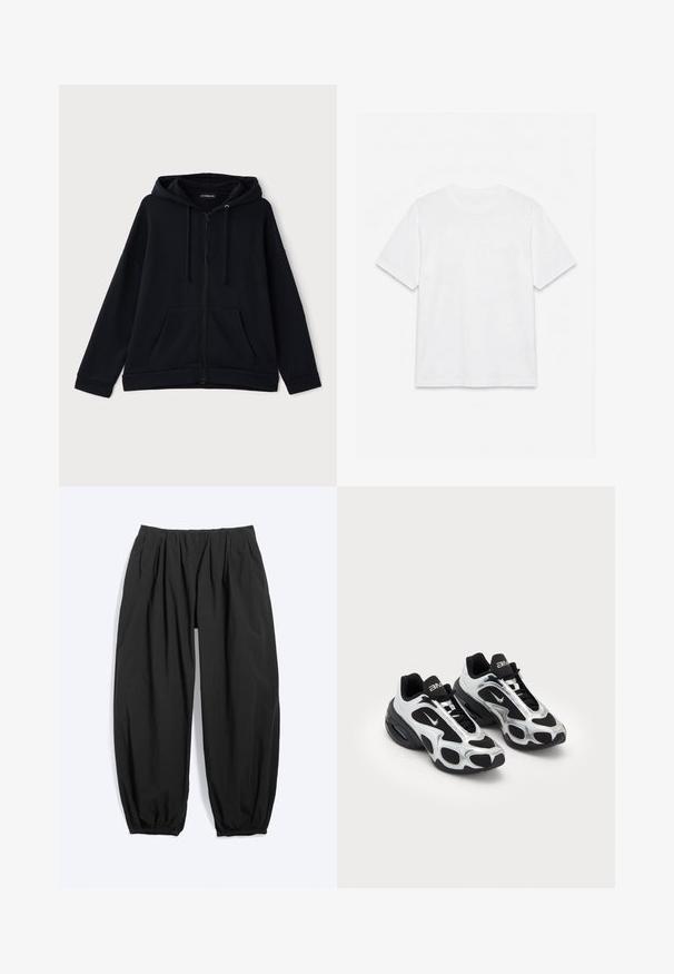 Sudadera negra con cremallera hecha de tela suave. Cuenta con una capucha forrada, bolsillos frontales y un ajuste relajado con puños y dobladillo de canalé.; Camiseta blanca lisa de manga corta con cuello redondo, colocada plana sobre un fondo blanco.; Pantalones negros holgados con pierna estrecha, cintura elástica y puños en los tobillos, hechos de tela ligera.; Zapatos deportivos negros y plateados con parte superior de malla y sintético, que presentan un diseño ondulante distintivo y un collar acolchado, con amortiguación de aire en la suela.