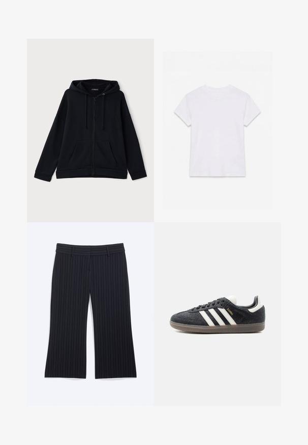 Black zip-up hoodie made of soft fabric. Features a lined hood, front pockets, and a relaxed fit with ribbed cuffs and hem.; Plain white short-sleeve crew neck cotton t-shirt laid flat on a white background.; Black wide-leg pants with thin vertical white pinstripes and belt loops, displayed flat on a plain background.; Black Adidas Samba sneaker with white stripes, gum sole, and gold "Samba" text on side, shown from left profile on plain background.