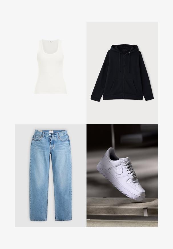 Sort zip-up hættebluse lavet af blødt stof. Har en foret hætte, frontlommer og en afslappet pasform med ribstrikkede manchetter og kant.; Hvid ribbet tanktop med rund halsudskæring og brede stropper. Stoffet ser strækbart og tætsiddende ud, velegnet til lag-på-lag eller afslappet brug.; Lysblå denim jeans med lige snit, fem lommer og knaplukning. Har syet detaljer og en ren kant.; Hvid Nike Air Force 1 sneaker svævende over en betonoverflade med skygger i et minimalistisk miljø.