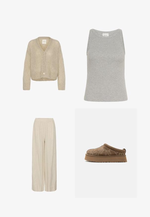 Cardigan beige en tricot avec un col en V, des manches longues et un ourlet raccourci. Il comporte une fermeture à boutons et un tissu doux et texturé.; Débardeur gris côtelé avec un col rond et un design sans manches. Fabriqué en tissu doux, il présente une silhouette ajustée et des coutures minimales.; Pantalon beige à jambes larges avec fines rayures verticales et taille élastique, fabriqué en tissu léger.; Chaussure à enfiler en daim marron avec coutures décoratives crème, semelle épaisse et languette au talon, vue de profil sur un fond clair.