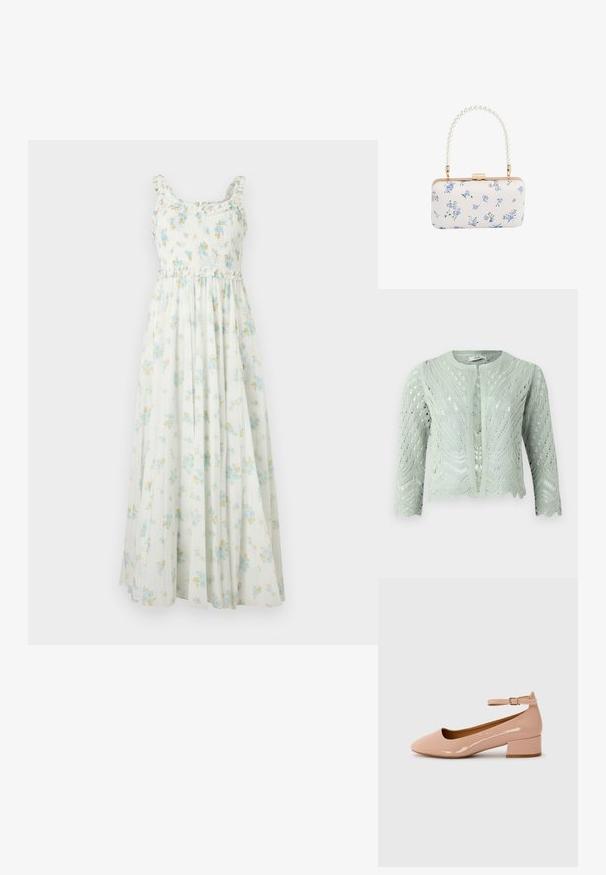 Cárdigan de punto verde claro con patrón de calado, mangas tres cuartos y dobladillo con forma de ondas. Diseñado con un escote redondo y sin cierres.; Vestido maxi blanco sin mangas con cuerpo fruncido, tirantes con volantes y estampado floral azul y amarillo.; Zapatilla plana de charol rosa con punta redondeada, tira al tobillo y tacón bajo. Textura suave y diseño minimalista.; Clutch rectangular blanca con patrón floral azul y asa con cuentas de perlas, herrajes en tono dorado y cierre con broche.