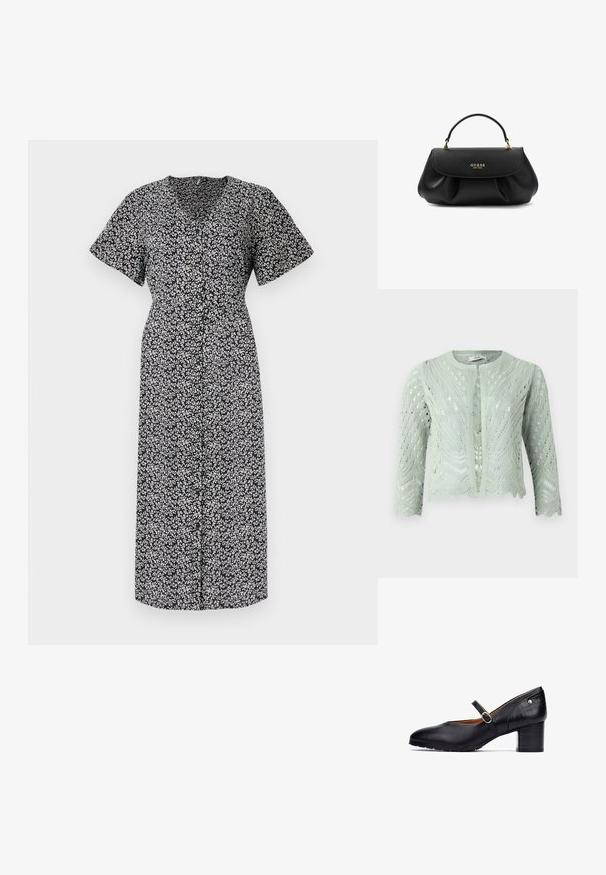 Cárdigan de punto verde claro con patrón de calado, mangas tres cuartos y dobladillo con forma de ondas. Diseñado con un escote redondo y sin cierres.; Vestido con estampado floral en blanco y negro, de manga corta, escote en V profundo, con botones en la parte delantera, hasta la rodilla, hecho de tela ligera, con un ajuste cómodo.; Zapato Mary Jane de cuero negro con punta redonda, correa al tobillo que presenta una hebilla redonda y un tacón de bloque de madera de altura media. Detalles texturizados en el tacón.; Bolso Guess de piel negra con logo dorado y un asa superior en un fondo blanco.