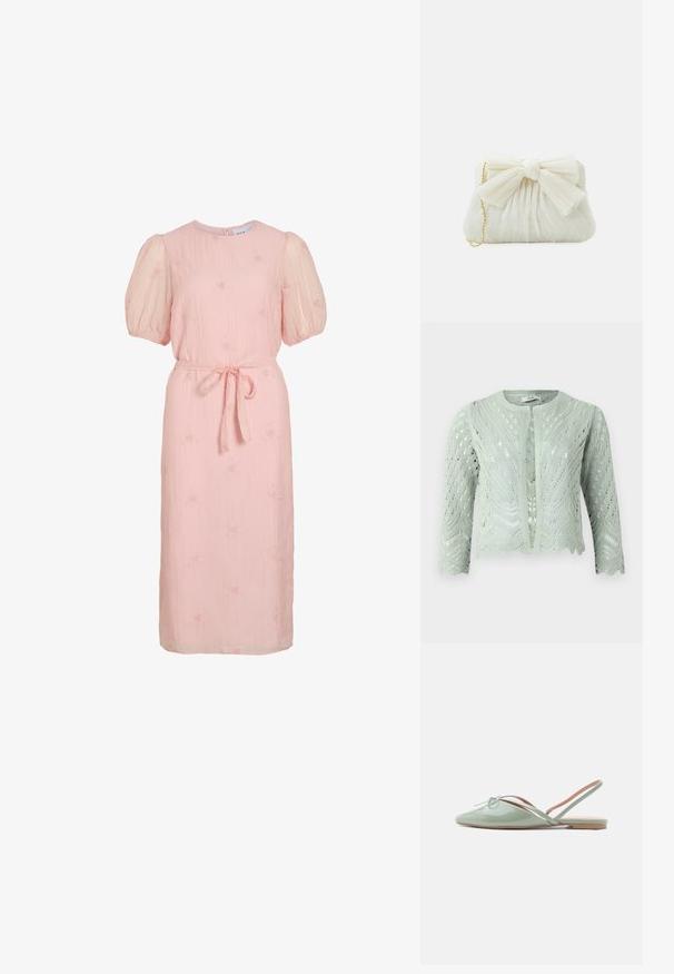 Lys grøn strikket cardigan med hulmønster, trekvartærmer og bølgekant. Designet med rund halsudskæring og uden lukninger.; Lyserød midi-kjole med puffærmer, rund halsudskæring, små blomsterbroderier og en bundet stofbælte om taljen.; Skinnende bleggrøn flad sko med spids tå, slingback-strop og lille dekorativ sløjfe på toppen, vist fra siden på en hvid baggrund.; Hvid plisseret clutch-taske med en fremtrædende sløjfedetalje og en guldkædetras. Blød tekstur med et samlet design på forsiden.