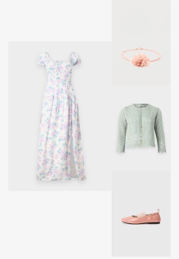 Gilet tricoté vert clair avec un motif ajouré, manches trois-quarts et ourlet en forme de vagues. Conçu avec un col rond et sans fermetures.; Robe maxi florale à manches courtes bouffantes, en tissu blanc avec des fleurs violet clair et teal, avec un corsage smocké et une fente sur le côté.; Ballerines synthétiques roses avec une texture brillante, un bout carré et une bande élastique douce sur le cou-de-pied. Semelle en caoutchouc noire et tirette à l'arrière.; Bandeau élastique rose avec une fleur en tissu doux aux pétales superposés au centre sur fond blanc.