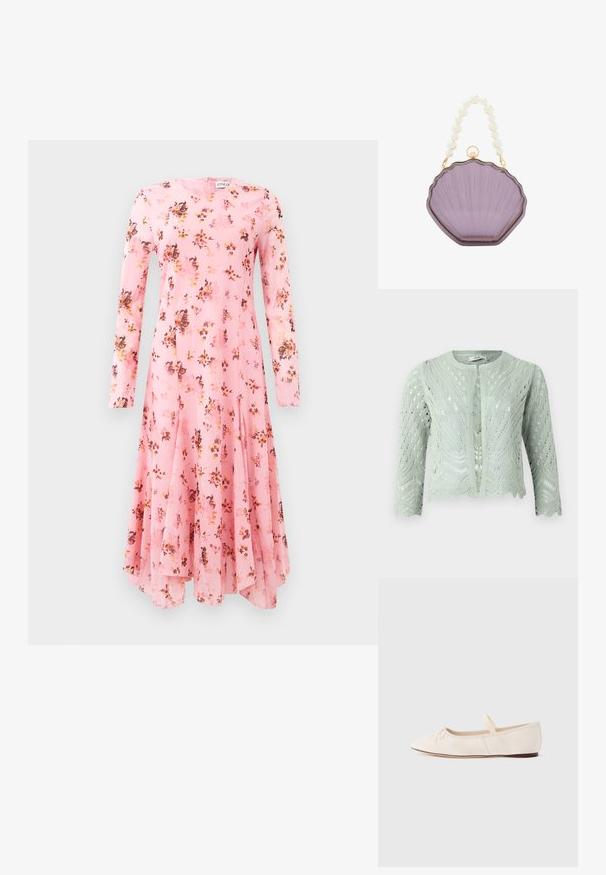Lys grøn strikket cardigan med hulmønster, trekvartærmer og bølgekant. Designet med rund halsudskæring og uden lukninger.; Langærmet pink kjole med blomsterprint, der har rund halsudskæring og flagrende kant. Letvægtigt stof med en glat tekstur.; Ballerinasko med lys beige ruskindsoverdel, spids tå og en tynd elastikrem over vristen. Flad sål med minimal gummidetalje.; Translucent lila skjoldformet clutch med en guldtonet ramme og et perlebead håndtag. Har ribbet tekstur og lås.