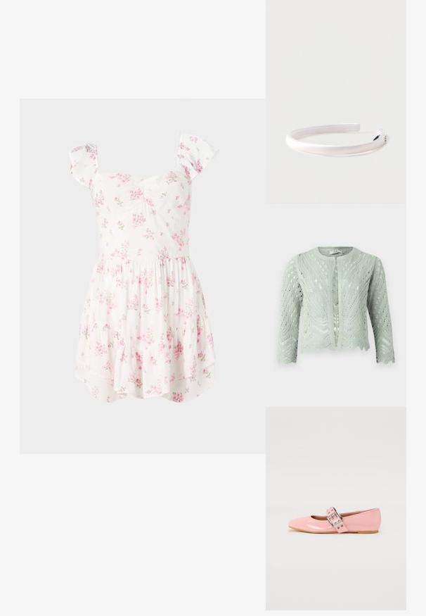Lichtgroene gebreide cardigan met opengewerkte patroon, driekwartmouwen en golvende zoom. Ontworpen met een ronde halslijn en zonder sluitingen.; Hollister Co. FLUTTER SLEEVE PINCH BUST MINI SKORT DRESS - Jurk - white; Roze gepatineerde leren balletschoenen met een vierkante neus, gespsluiting en een platte rubberen zool. Gladde textuur overal.; Witte gewatteerde satijnen hoofdband met kleine strassaccenten aan één kant, tegen een effen lichte achtergrond.