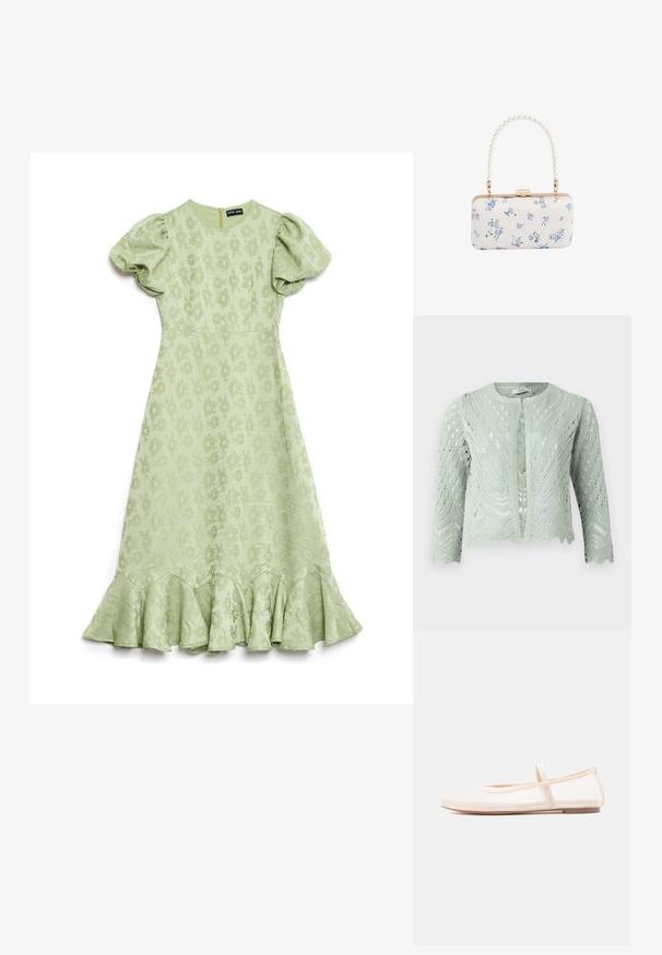 Lys grøn strikket cardigan med hulmønster, trekvartærmer og bølgekant. Designet med rund halsudskæring og uden lukninger.; Lysegrøn kjole med puffærmer, blomsterstruktureret stof og en flared ruffled bund. Har en lynlås i ryggen til lukning.; Ballerinasko med en gennemsigtig beige mesh-overdel og en satinrem, der har en rundet tå og en lav brun sål. Let og fleksibelt design.; Hvid rektangulær clutch med blåt blomsterprint og perlebehandlet håndtag med guldfarvet hardware og lås.