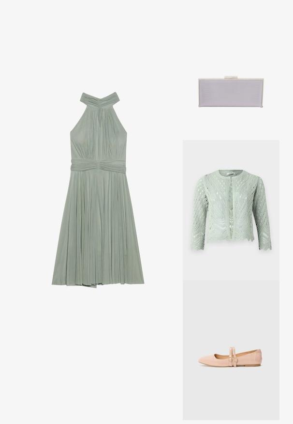 Cárdigan de punto verde claro con patrón de calado, mangas tres cuartos y dobladillo con forma de ondas. Diseñado con un escote redondo y sin cierres.; Un vestido halter verde menta con falda plisada, escote fruncido y cinturilla texturizada. Hecho de una tela liviana.; Bailarinas de charol rosa pálido con punta afilada, que presentan dos correas ajustables y una suela de goma baja y plana.; Clutch rectangular de lavanda hecho de material texturizado con bordes lisos. Presenta un cierre de clasp plateado en la parte superior.